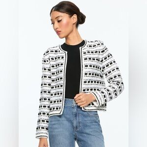 Alice + Olivia Marjorie Tweed Ribbon Woven Open Front Cardigan - Size Small